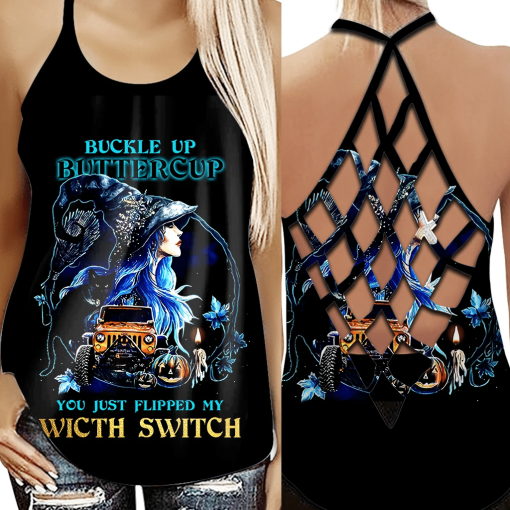 Gearhumans 3D Buckle Up Buttercup Witches Jeep Custom Cross Tank Top - Image 3