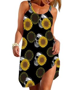 Gearhumans 3D Sunflower Skulls Custom Beach Dress GW2406214 Beach Dress Beach Dress S