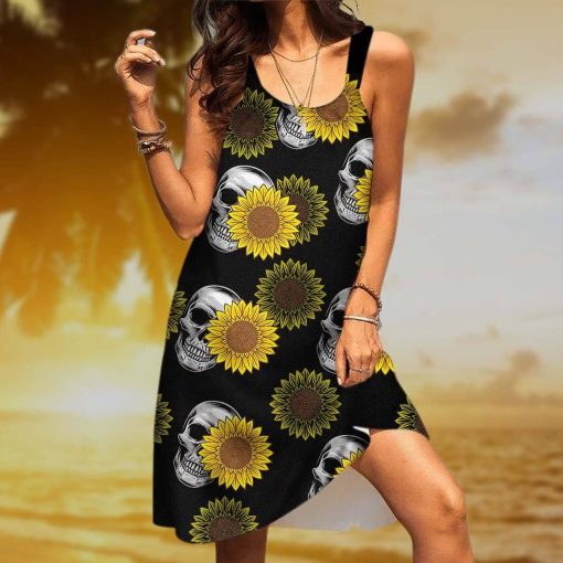 Gearhumans 3D Sunflower Skulls Custom Beach Dress GW2406214 Beach Dress