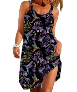Gearhumans 3D Beautiful Violet Cornflowers And Hummingbirds Custom Beach Dress