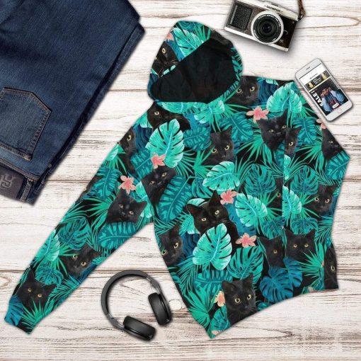 Gearhumans 3D Black Cat Tropical Hawaii Custom Hoodie Apparel 4 Gearhuman 3D Black Cat Tropical Hawaii Custom Hoodie Apparel GW130712 3D Custom Fleece Hoodies