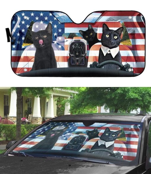 Gearhumans 3D Black Cat Family America Custom Car Auto Sunshade 4 gearhumans 3D Black Cat Family America Custom Car Auto Sunshade GL06073 Auto Sunshade
