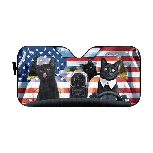 Gearhumans 3D Black Cat Family America Custom Car Auto Sunshade 1 gearhumans 3D Black Cat Family America Custom Car Auto Sunshade GL06073 Auto Sunshade 57''x27.5''