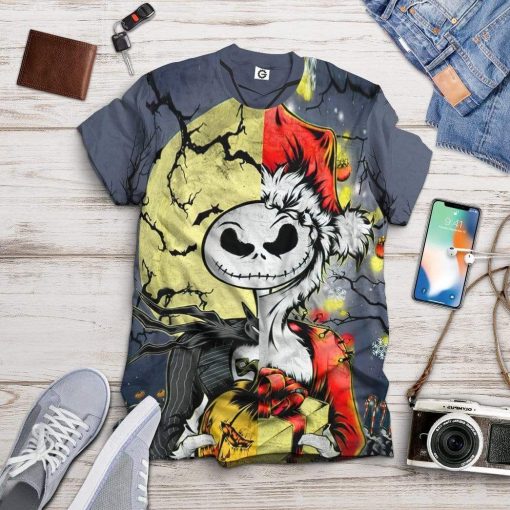 Gearhuman 3D Jack Skellington Halloween And Grinch Christmas Custom Tshirt Apparel GV20083 3D T-shirt