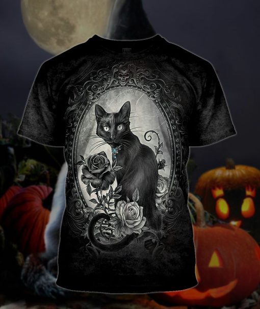Gearhumans 3D Halloween Black Cat Skull Witchy Custom Bleached Tshirt - Image 3