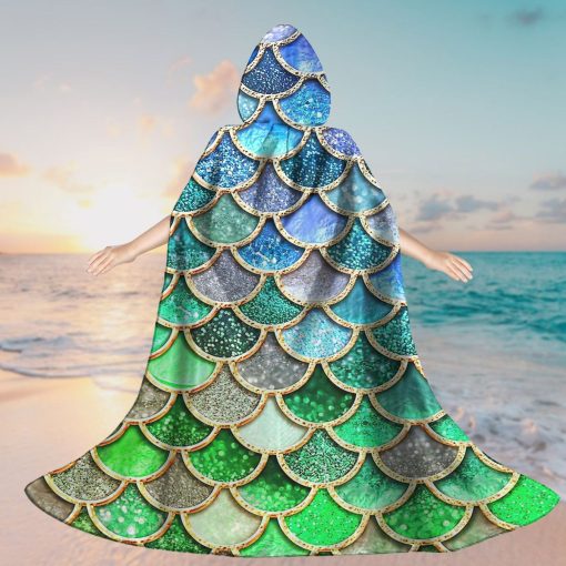 Gearhumans 3D The Most Green And Blue Sparkle Mermaid Tail In The Ocean Custom Hooded Cloak - Image 4