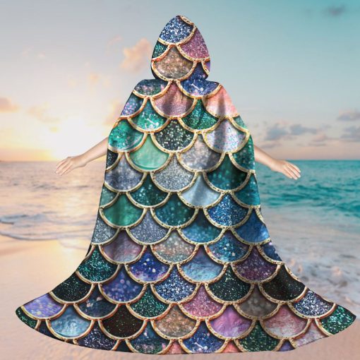 Gearhumans 3D The Most Blue Sparkle Mermaid Tail In The Ocean Custom Hooded Cloak - Image 5