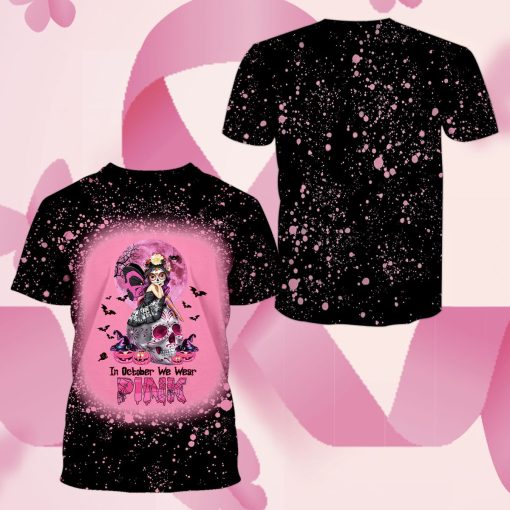 Gearhumans 3D Sugar Skull Girl Breast Cancer Awareness Custom Bleached Shirt - Image 3