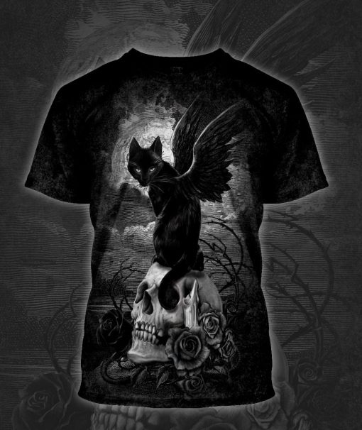 Gearhumans 3D Halloween Black Cat On Witchy Skull Custom Bleached Tshirt - Image 3