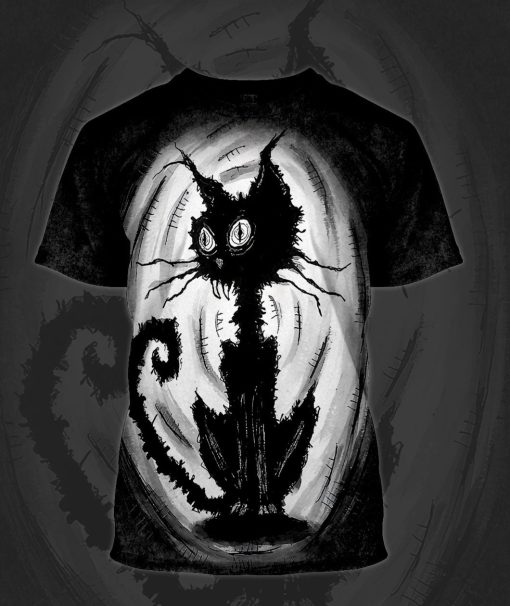Gearhumans 3D Halloween Black Cat Custom Bleached Tshirt - Image 3