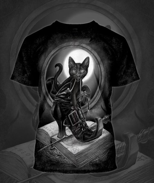 Gearhumans 3D Halloween Black Cat Spooky Witchy Custom Bleached Tshirt - Image 3