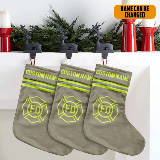 Gearhumans 3D Christmas Firefighter Gray Custom Name Christmas Socks - Image 2