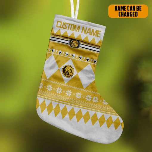 Gearhumans 3D Yellow Mighty Morphin Power Ranger Ugly Custom Name Christmas Socks - Image 3