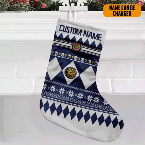 Gearhumans 3D Blue Mighty Morphin Power Ranger Ugly Custom Name Christmas Socks - Image 4