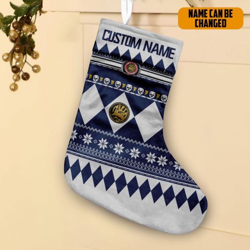 Gearhumans 3D Blue Mighty Morphin Power Ranger Ugly Custom Name Christmas Socks - Image 2