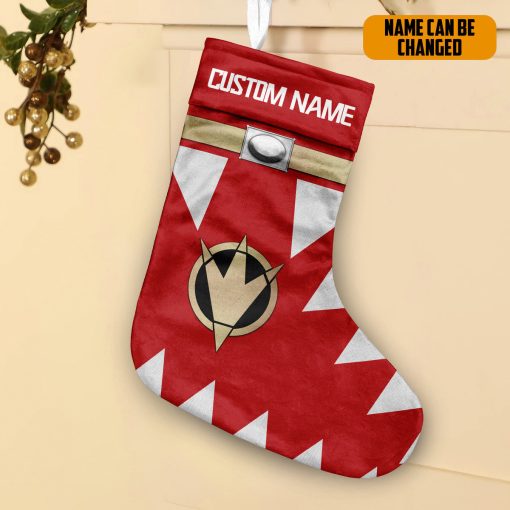 Gearhumans 3D Power Ranger Dino Thunder Red Custom Name Christmas Socks - Image 2