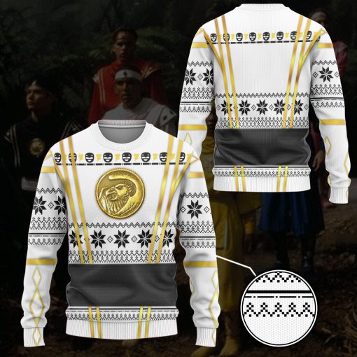Gearhumans 3D White Ninja Mighty Morphin Power Rangers Custom Ugly Sweater - Image 3