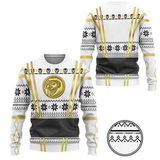 Gearhumans 3D White Ninja Mighty Morphin Power Rangers Custom Ugly Sweater - Image 2