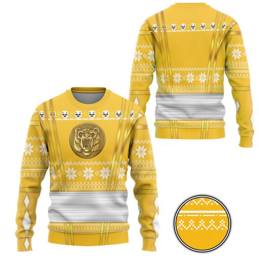 Gearhumans 3D Yellow Ninja Mighty Morphin Power Rangers Custom Ugly Sweater - Image 2