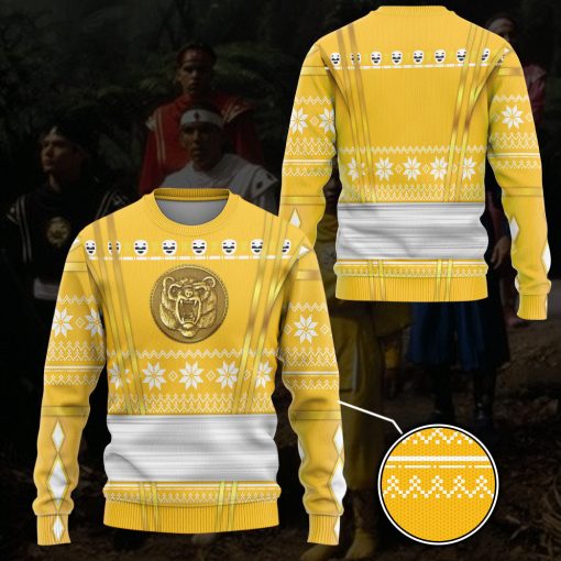 Gearhumans 3D Yellow Ninja Mighty Morphin Power Rangers Custom Ugly Sweater - Image 3