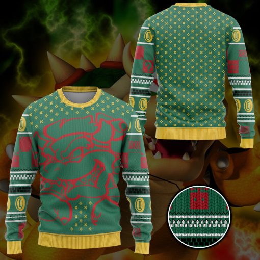 Gearhumans 3D Super Mario Bowser Knitted Christmas Ugly Custom Ugly Sweater