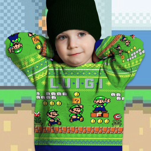 Gearhumans 3D Super Mario Luigi Custom Kid Ugly Sweater 3 Gearhumans 3D Super Mario Luigi Custom Kid Ugly Sweater - Image 3