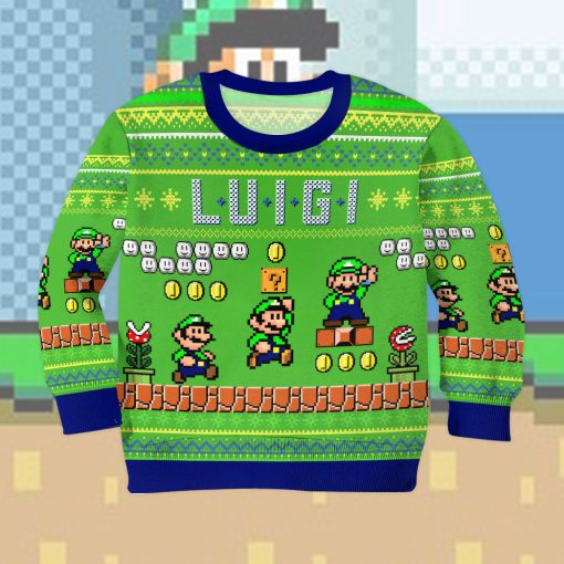 Gearhumans 3D Super Mario Luigi Custom Kid Ugly Sweater 2 Gearhumans 3D Super Mario Luigi Custom Kid Ugly Sweater - Image 2