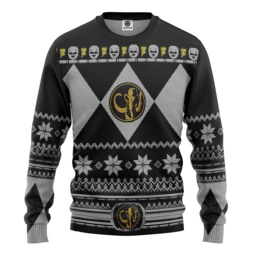 Gearhumans 3D Mighty Morphin Black Power Ranger Custom Ugly Christmas Long sleeve