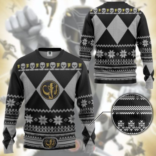 Gearhumans 3D Mighty Morphin Black Power Ranger Custom Ugly Christmas Long sleeve - Image 3
