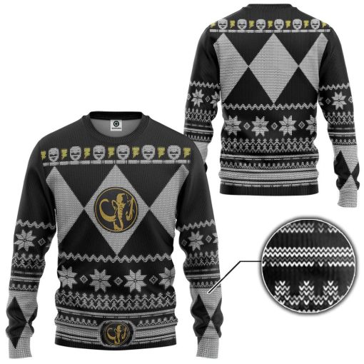 Gearhumans 3D Mighty Morphin Black Power Ranger Custom Ugly Christmas Long sleeve - Image 2
