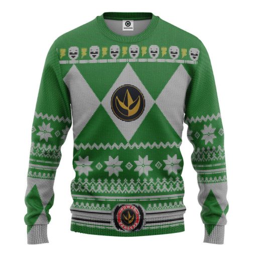 Gearhumans 3D Mighty Morphin Green Power Ranger Custom Ugly Christmas Long sleeve
