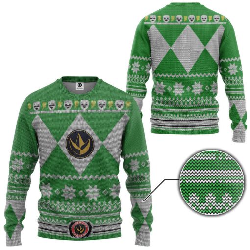 Gearhumans 3D Mighty Morphin Green Power Ranger Custom Ugly Christmas Long sleeve - Image 2