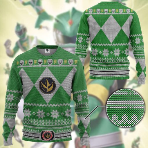 Gearhumans 3D Mighty Morphin Green Power Ranger Custom Ugly Christmas Long sleeve - Image 3