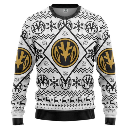 Gearhumans 3D Mighty Morphin White Power Ranger Custom Ugly Christmas Long sleeve