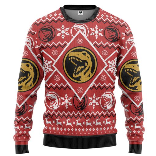 Gearhumans 3D Mighty Morphin Red Power Ranger Custom Ugly Christmas Long sleeve