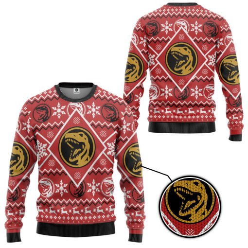 Gearhumans 3D Mighty Morphin Red Power Ranger Custom Ugly Christmas Long sleeve