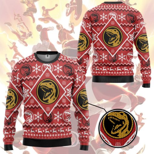 Gearhumans 3D Mighty Morphin Red Power Ranger Custom Ugly Christmas Long sleeve