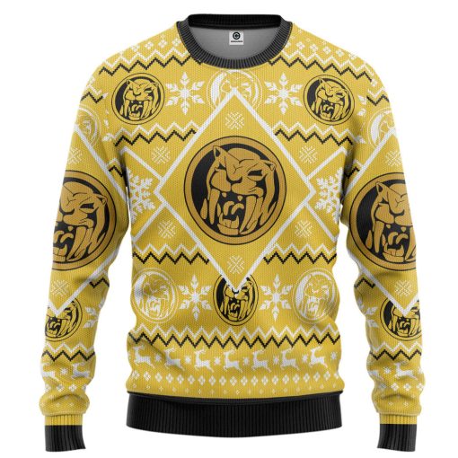Gearhumans 3D Mighty Morphin Yellow Power Ranger Custom Ugly Christmas Long sleeve