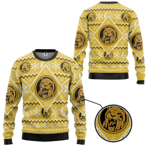 Gearhumans 3D Mighty Morphin Yellow Power Ranger Custom Ugly Christmas Long sleeve - Image 2