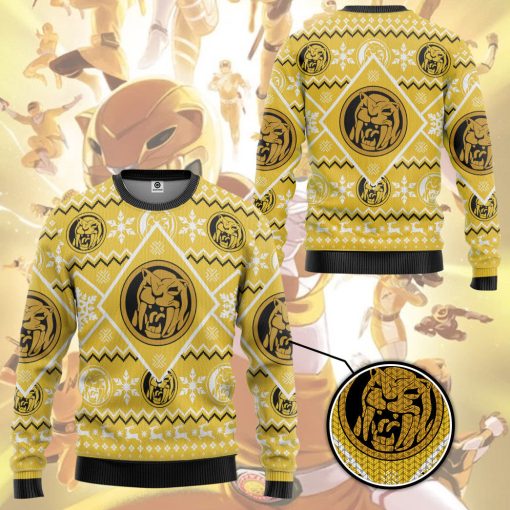 Gearhumans 3D Mighty Morphin Yellow Power Ranger Custom Ugly Christmas Long sleeve - Image 3