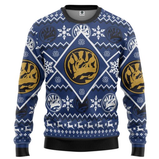 Gearhumans 3D Mighty Morphin Blue Power Ranger Custom Ugly Christmas Long sleeve