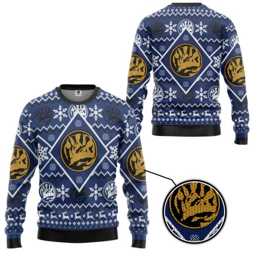Gearhumans 3D Mighty Morphin Blue Power Ranger Custom Ugly Christmas Long sleeve - Image 2