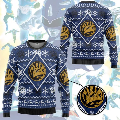 Gearhumans 3D Mighty Morphin Blue Power Ranger Custom Ugly Christmas Long sleeve - Image 3
