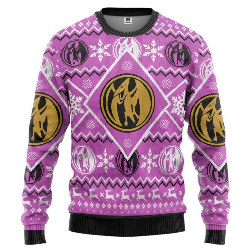Gearhumans 3D Mighty Morphin Pink Power Ranger Custom Ugly Christmas Long sleeve