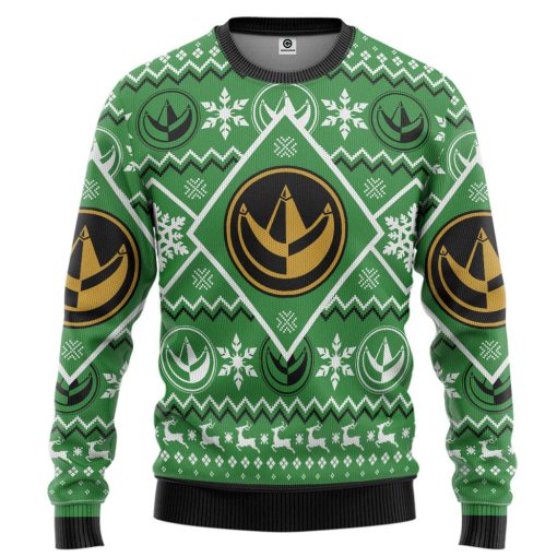 Gearhumans 3D Mighty Morphin Green Power Ranger Custom Ugly Christmas Long sleeve