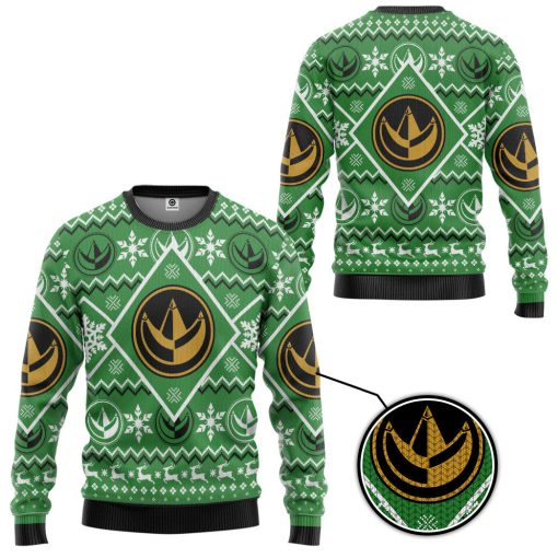 Gearhumans 3D Mighty Morphin Green Power Ranger Custom Ugly Christmas Long sleeve - Image 2