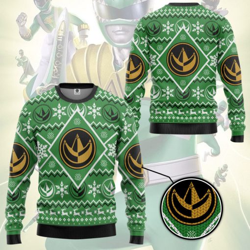 Gearhumans 3D Mighty Morphin Green Power Ranger Custom Ugly Christmas Long sleeve - Image 3
