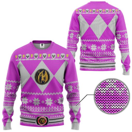 Gearhumans 3D Mighty Morphin Pink Power Ranger Custom Ugly Christmas Long sleeve - Image 2