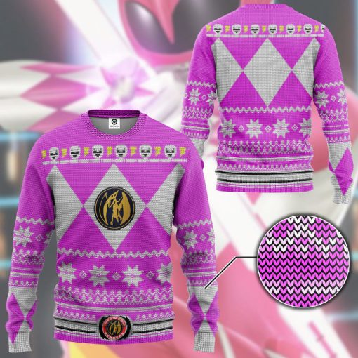 Gearhumans 3D Mighty Morphin Pink Power Ranger Custom Ugly Christmas Long sleeve - Image 3
