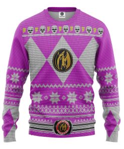 Gearhumans 3D Mighty Morphin Pink Power Ranger Custom Ugly Christmas Long sleeve